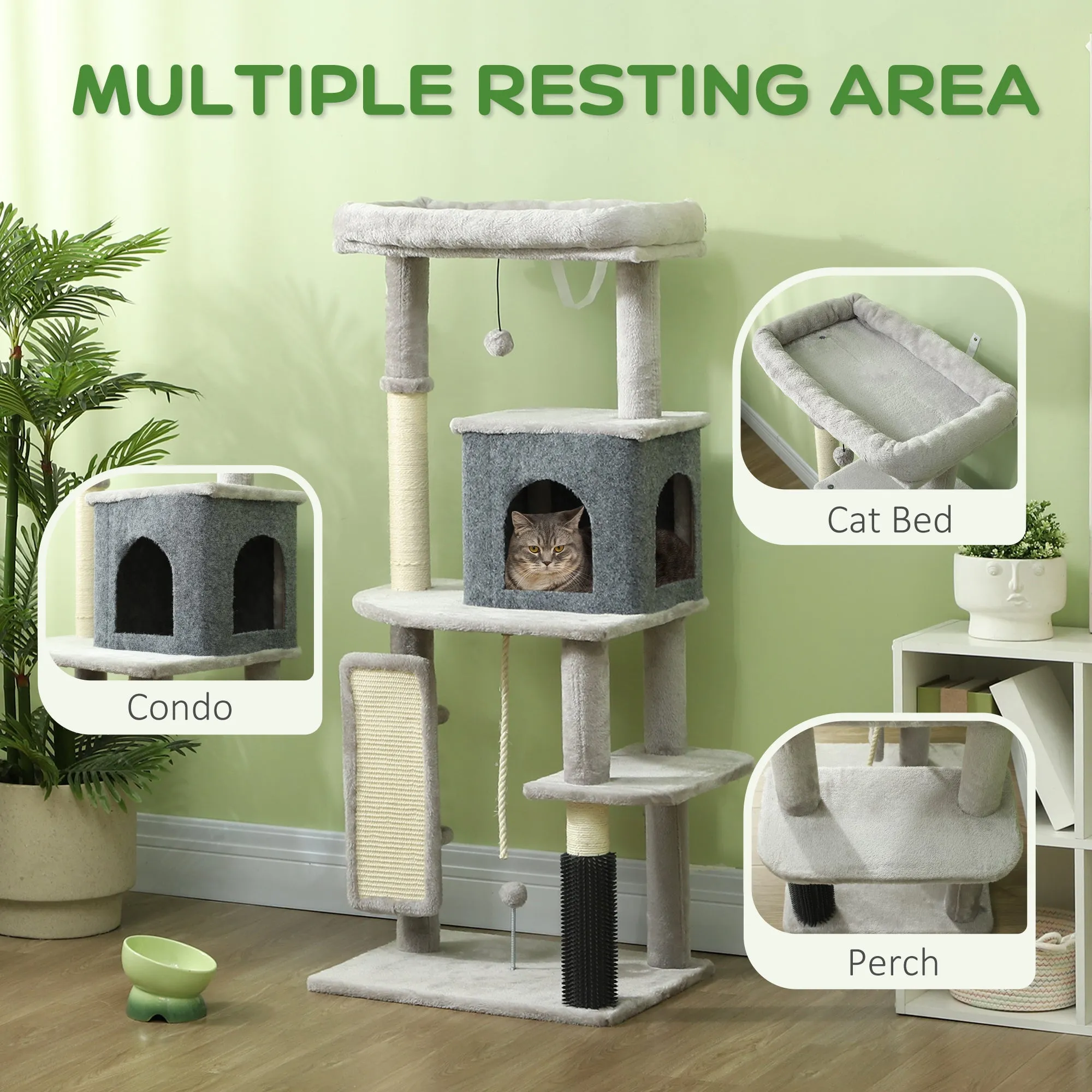 132cm Cat Tree for Indoor Cats w/ Scratching Posts, Light Grey