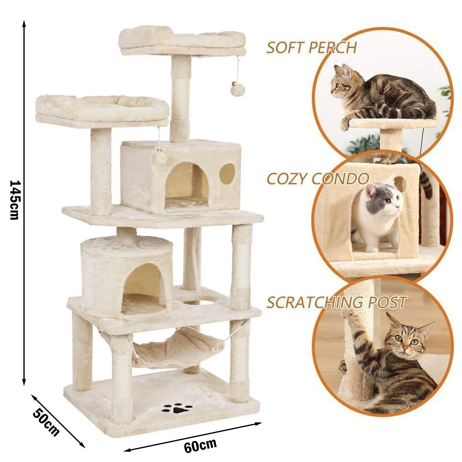 145cm Cat Tree Tower Scratching Post Scratcher Toys Wooden Condo House Cats Bed - Beige