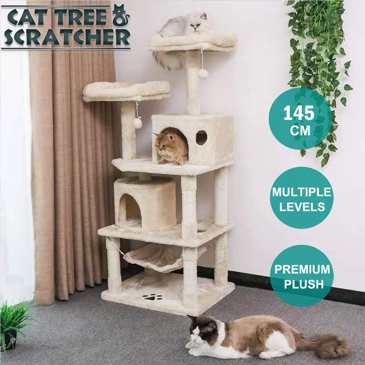 145cm Cat Tree Tower Scratching Post Scratcher Toys Wooden Condo House Cats Bed - Beige