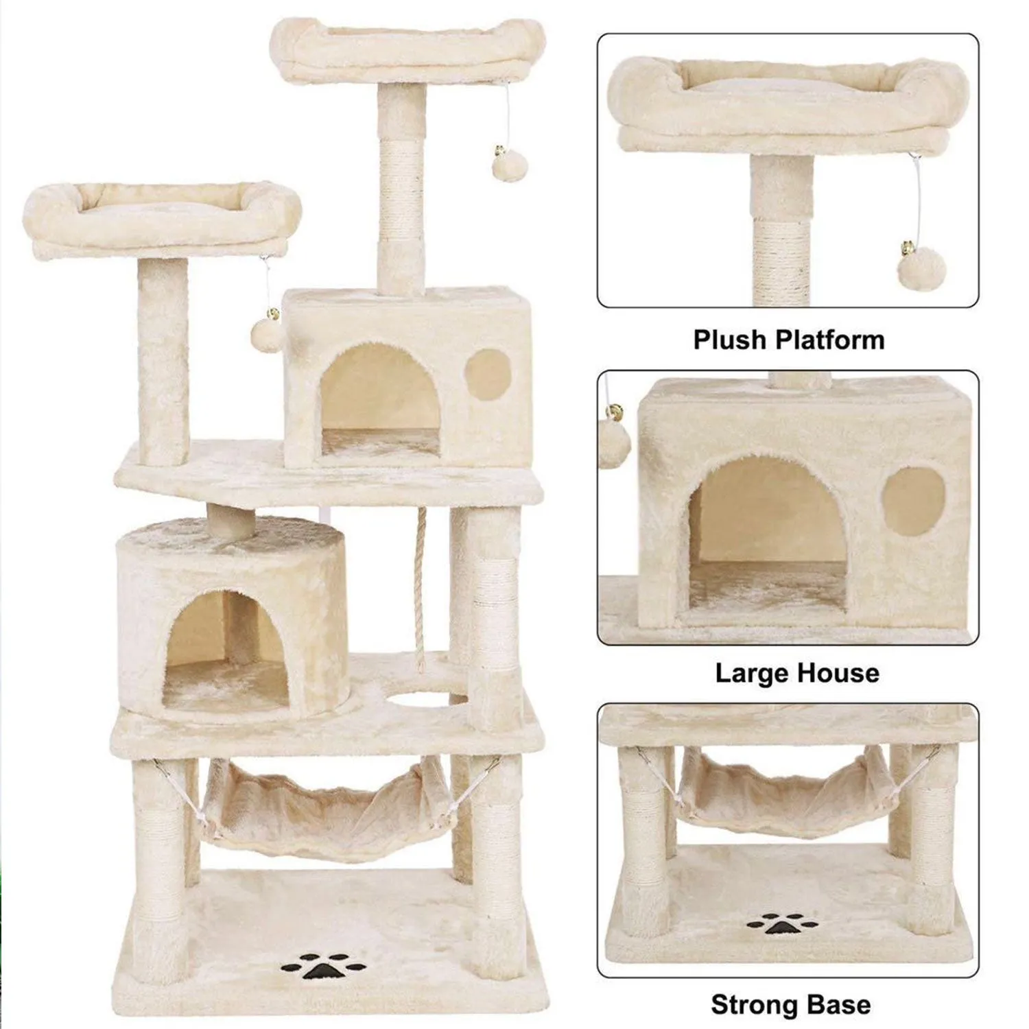 145cm Cat Tree Tower Scratching Post Scratcher Toys Wooden Condo House Cats Bed - Beige