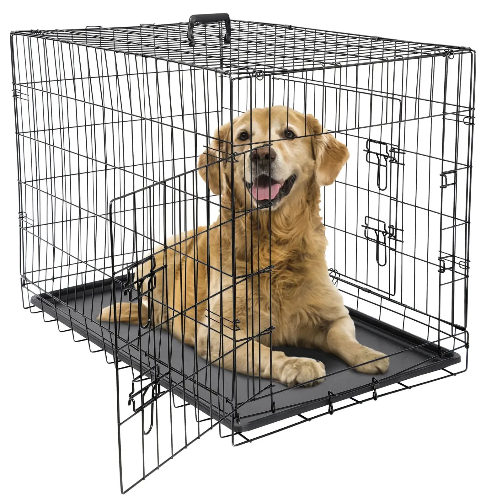 36" Folding Pet Cage Dog Crate Kennel Metal 2Door With Tray Black