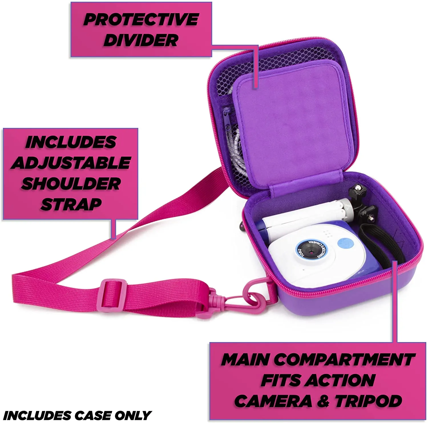 CASEMATIX Video Camera Travel Case Compatible with Little Tikes Tobi 2 Director's Camera, Tripod and Charging Cable - Camera Case, Purple Case Only