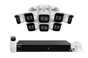 Lorex Fusion 4K (16 Camera Capable) 4TB Wired NVR System with 8 White IP Bullet Cameras, One 2K Wired Video Doorbell and One Sensor Kit