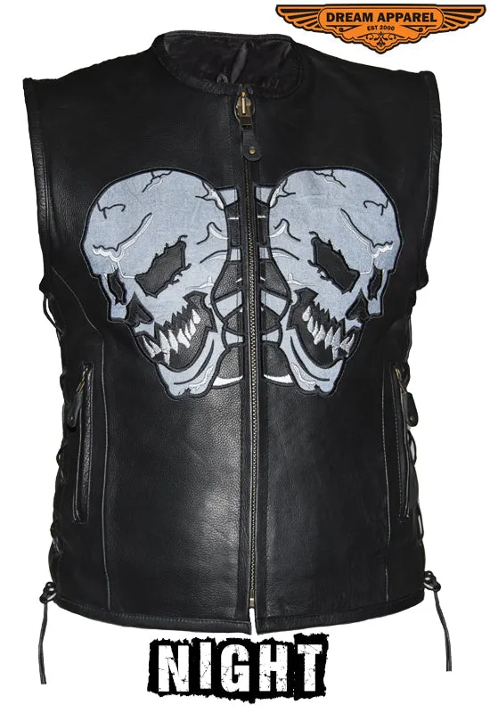 Mens Leather Vest With Reflective Evil Skulls