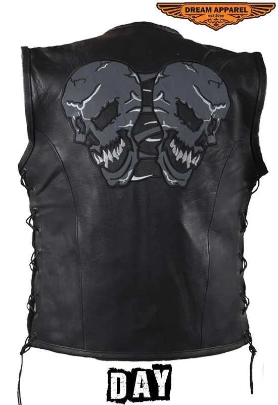 Mens Leather Vest With Reflective Evil Skulls