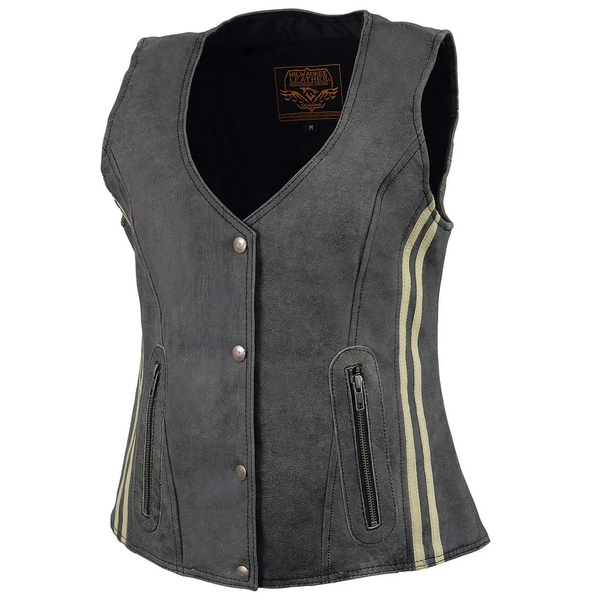 Milwaukee Leather MLL4506 Women's Grey Leather Vintage Slate Snap Front Vest with Racing Stripes