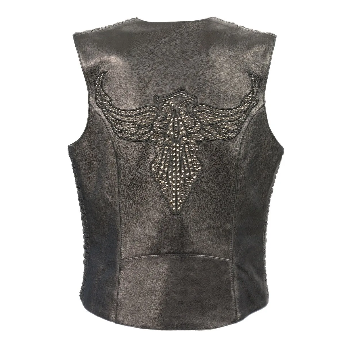 Milwaukee Leather MLL4570 Women's Studded Phoenix Black Leather Motorcycle Biker Vest w/ Embroidery Art