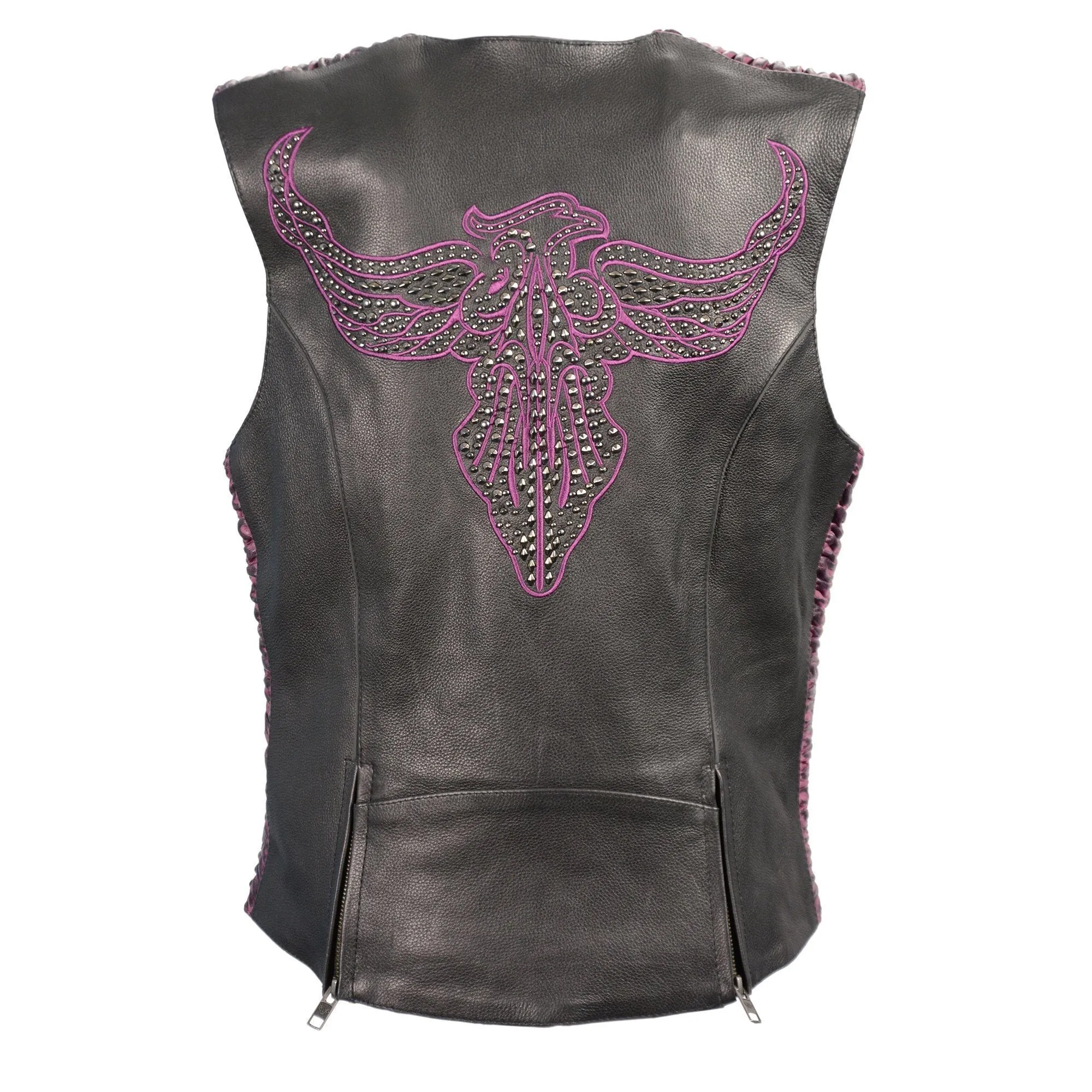 Milwaukee Leather MLL4570 Women's Studded Phoenix Black/Purple Leather Motorcycle Vest w/ Embroidery Art