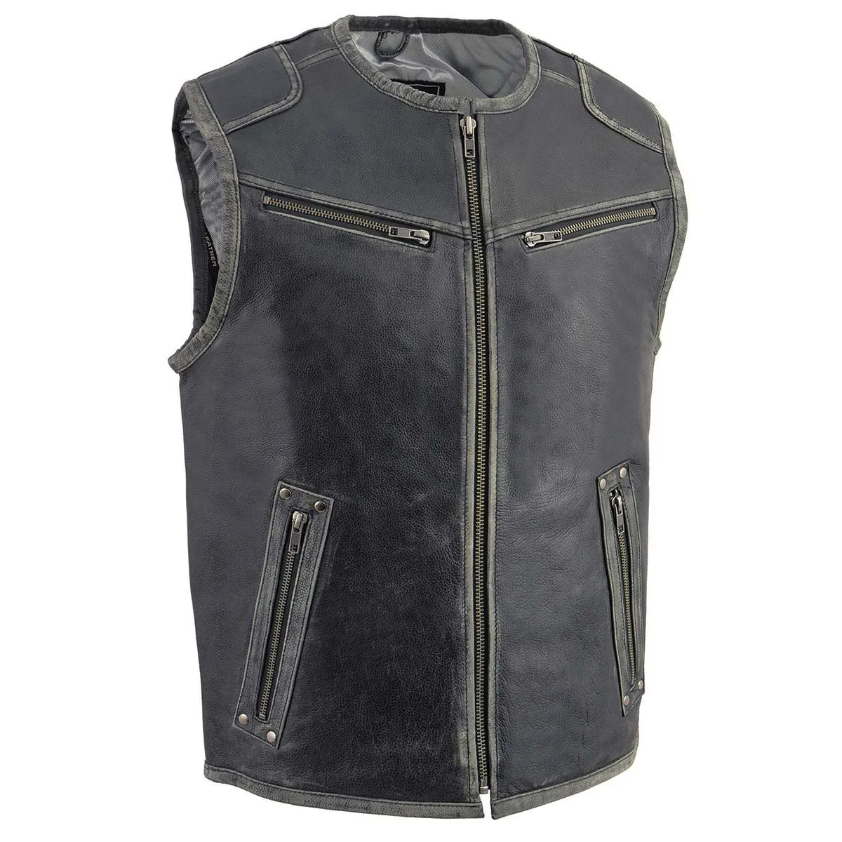 Milwaukee Leather MLM3536 Men's Vintage Leather Vest- Distressed Grey Front Zipper Collarless Motorcycle Rider Vest