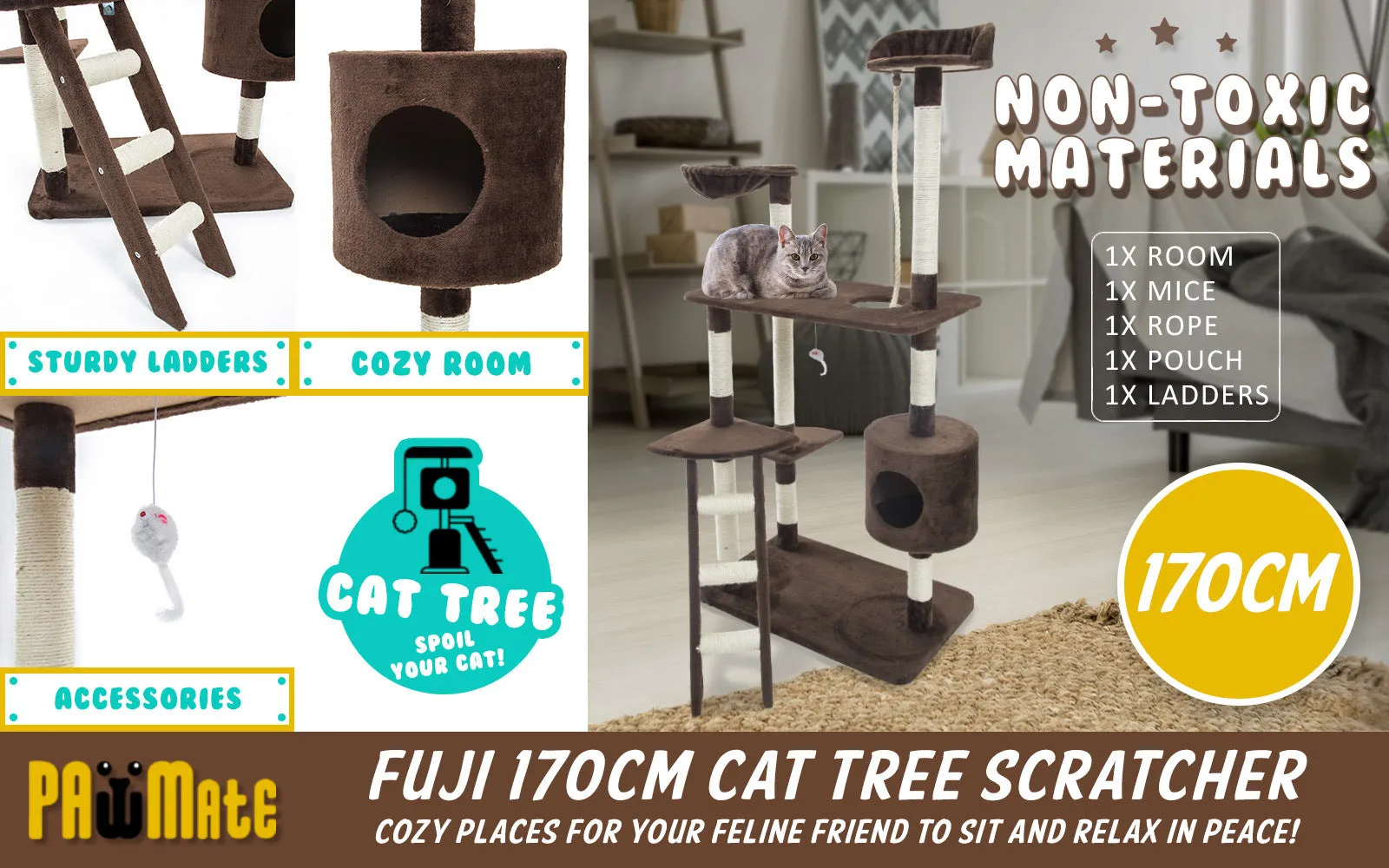 Multi-Level 170cm Cat Tree Scratcher w/ Platforms - Paw Mate