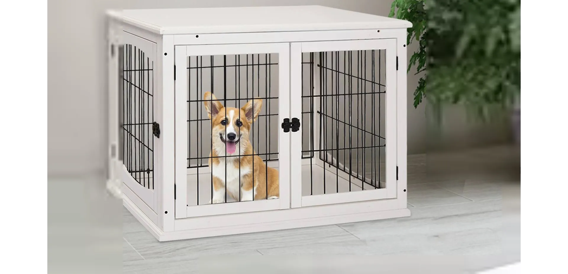 PawHut Pet Crate End Wooden Table White 81 x 58.5 x 66 cm