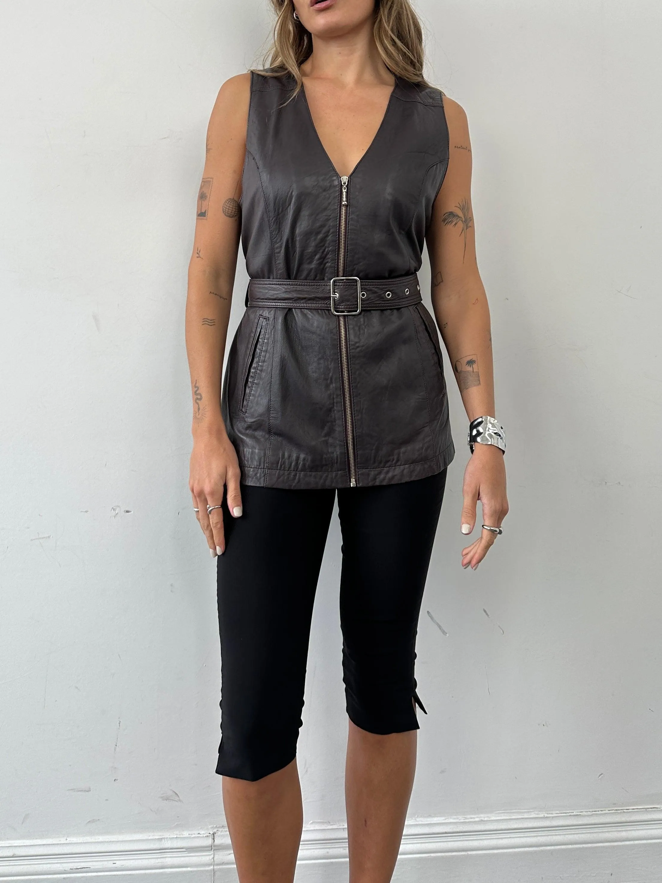 Vintage Leather Belted Waistcoat - M