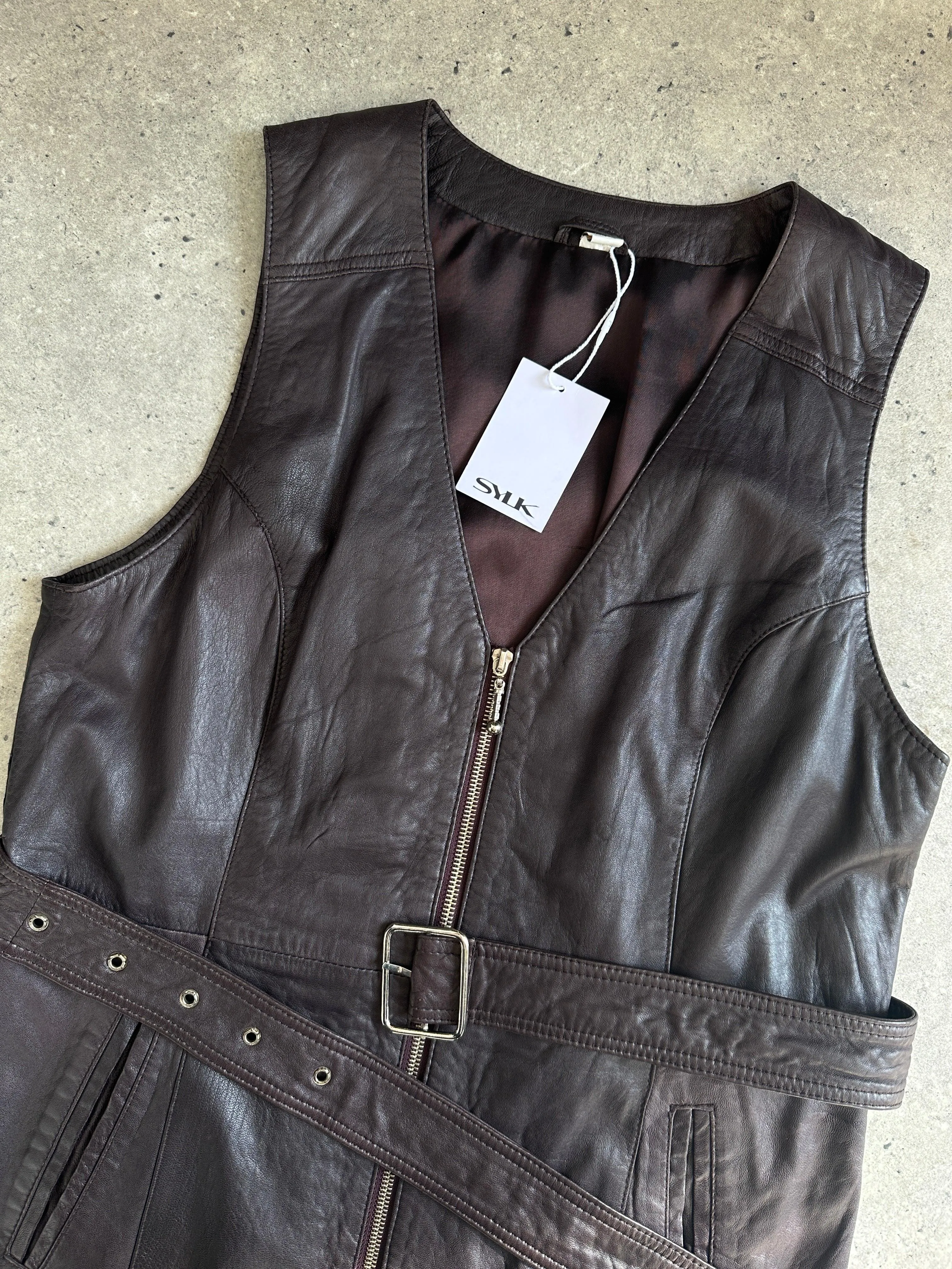 Vintage Leather Belted Waistcoat - M