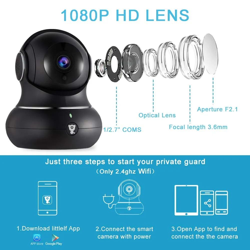 Wireless Indoor Home Security Camera - 1080P Littlelf IP Pet Camera WiFi Surveillance Baby Monitor with 2-Way Audio, 3D Panorama, Cloud Service, Remot